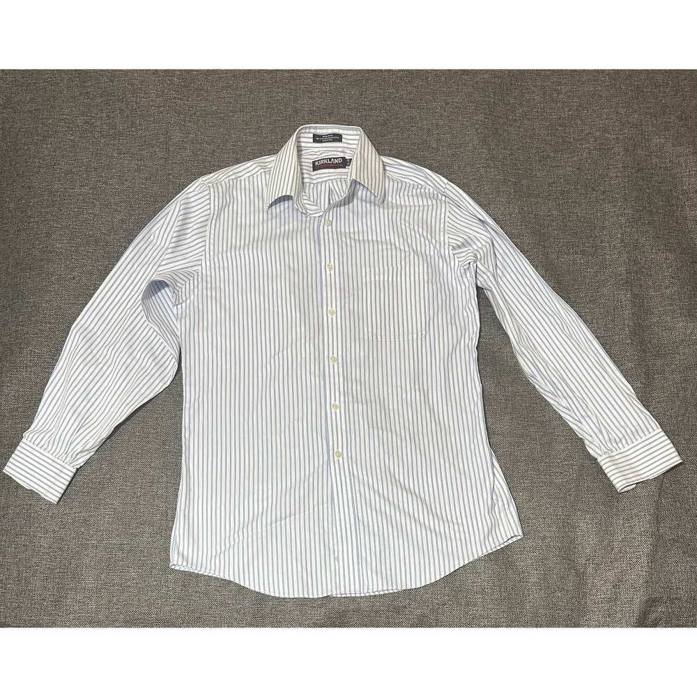 Kirkland Signature Men's 15 1/2 34 Blue White‎ Striped Long Sleeve Shirt